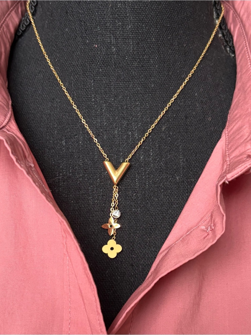 Gold-Tone V Pendant Necklace with Floral Charms